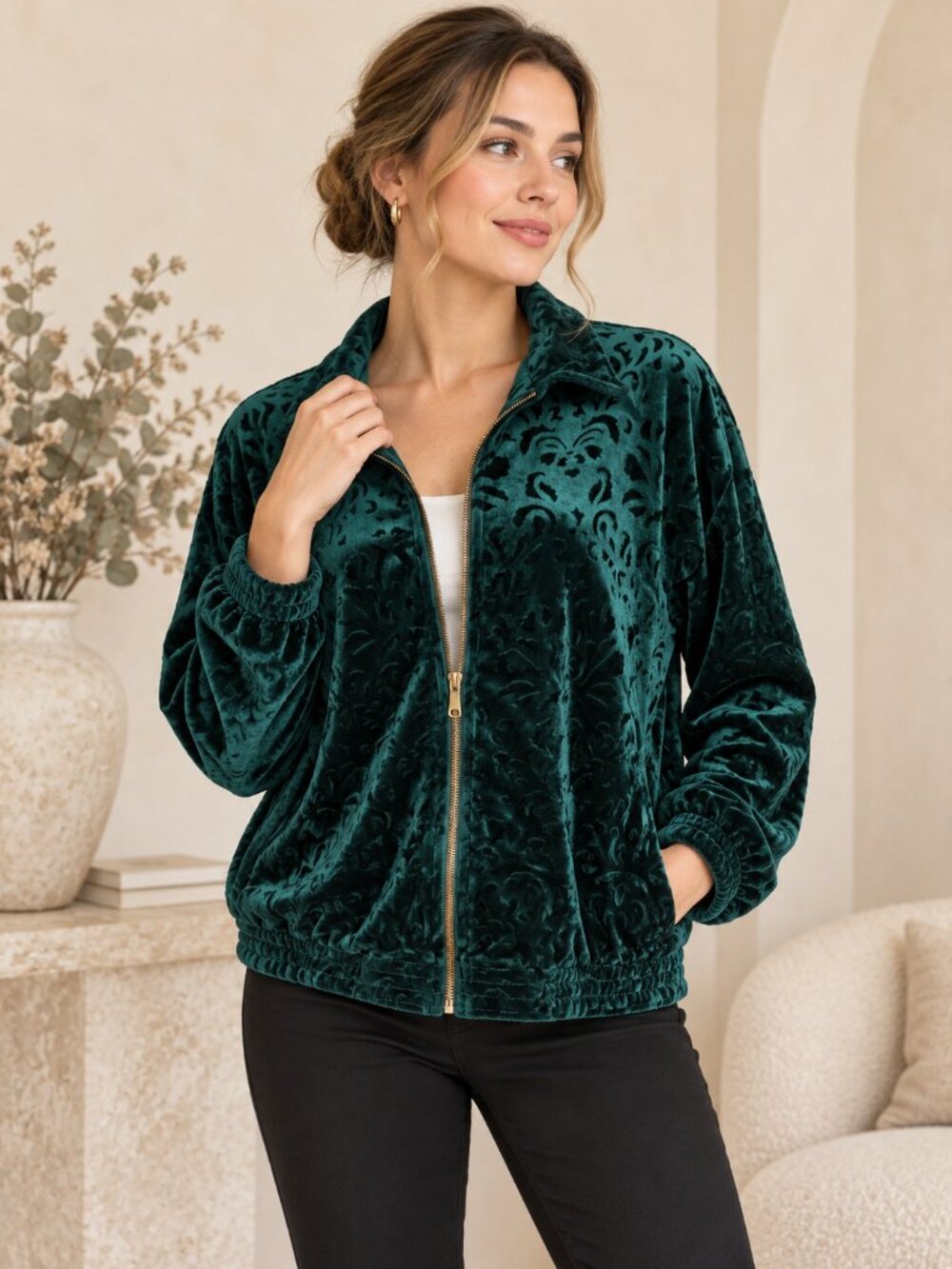 Tobi Emerald Green Embossed Velvet Zip Jacket Est L 90s